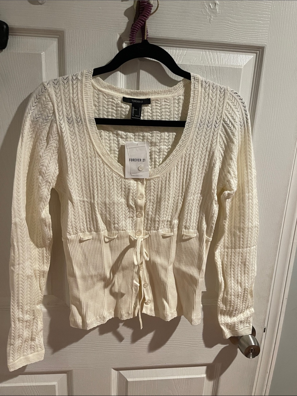 Forever 21 Cream Knit Button-Up Tie Waist Cardigan